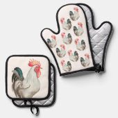 Aquarel hand tekening van een Haan Ovenwant & Pannenlap Set (Voorkant / Achterkant)