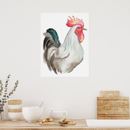 Aquarel hand tekening van een Haan Poster (Keuken)