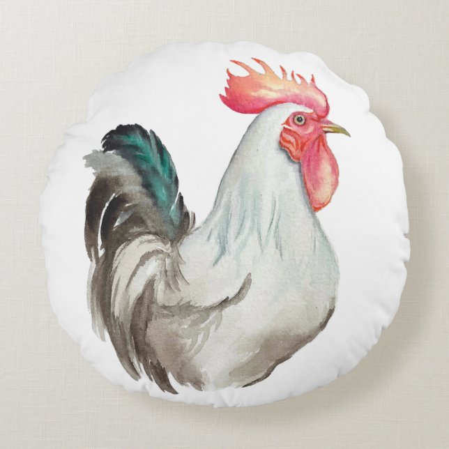 Aquarel hand tekening van een Haan Rond Kussen (Voorkant)