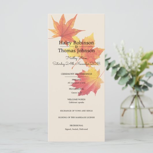 Aquarel herfst bladeren ceremonie programmakaart (Staand voorkant)