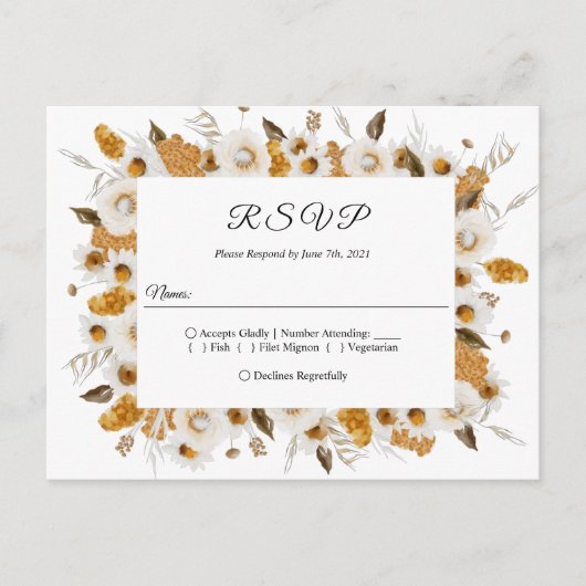 Aquarel Herfst Geel & Wit Bloemen Frame Uitnodiging Briefkaart (Voorkant)