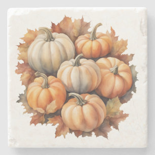 Aquarel Herfst Pompoenen met Bladeren Stenen Onderzetter