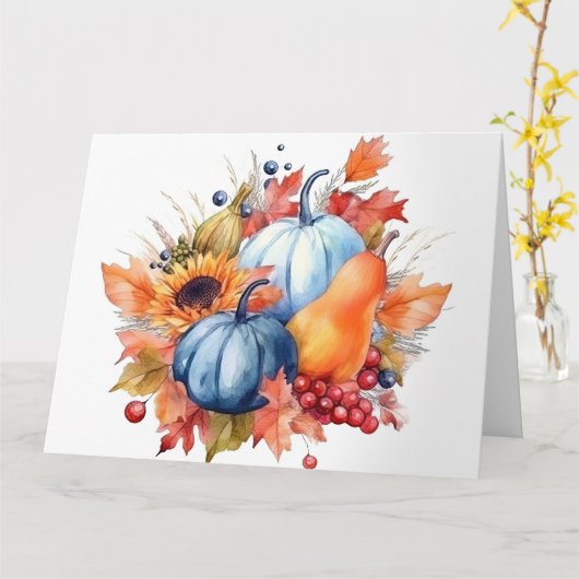 Aquarel herfst zonnebloem & blauwe pompoenen kaart (Gele Bloem)