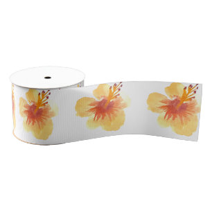 Aquarel Hibiscus Geel Oranje Tropisch Bloemmotief Grosgrain Lint