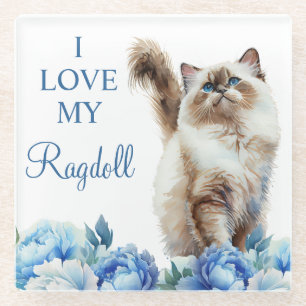 Aquarel Huisdier Ragdoll Kat en Blauwe Bloemen Glazen Onderzetter