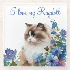 Aquarel Huisdier Ragdoll Kat en Blauwe Bloemen Glazen Onderzetter