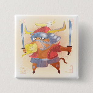 Aquarel jaar van de os, Samurai Vierkante Button 5,1 Cm