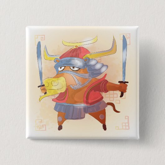 Aquarel jaar van de os, Samurai Vierkante Button 5,1 Cm (Voorkant)