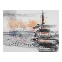 Aquarel Japanse Pagode & Mt. Fuji Foto Afdruk