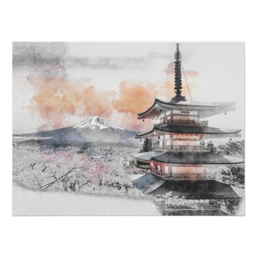 Aquarel Japanse Pagode & Mt. Fuji Foto Afdruk (Voorkant)
