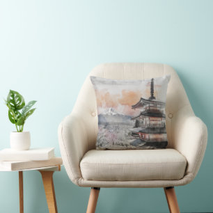 Aquarel Japanse Pagode & Mt. Fuji Papieren Borden Kussen