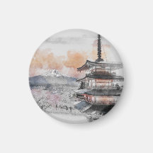 Aquarel Japanse Pagode & Mt. Fuji Reis