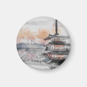 Aquarel Japanse Pagode & Mt. Fuji Reis Magneet