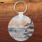Aquarel Japanse Pagode & Mt. Fuji Reis Sleutelhanger (Voorkant)