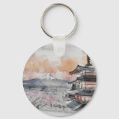 Aquarel Japanse Pagode & Mt. Fuji Reis Sleutelhanger (Achterkant)