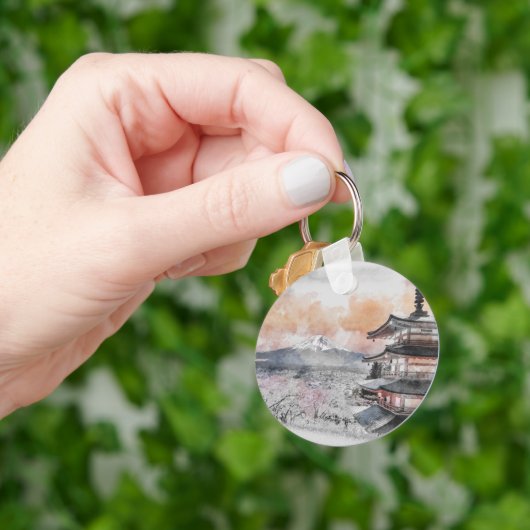 Aquarel Japanse Pagode & Mt. Fuji Reis Sleutelhanger (Hand)