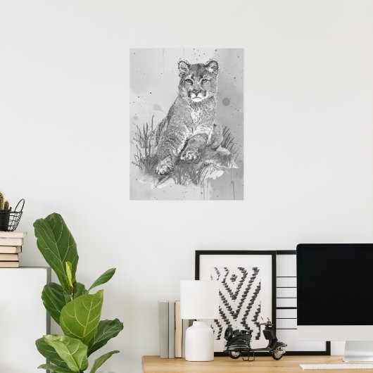 Aquarel Jonge Poema Bergleeuw Dieren Kunst Poster (Thuiskantoor)