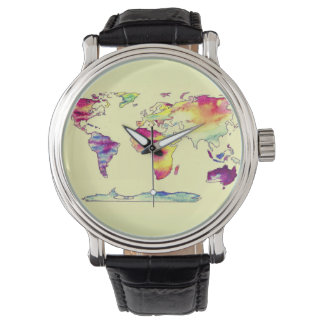 Aquarel kaart van wereldhorloge horloge