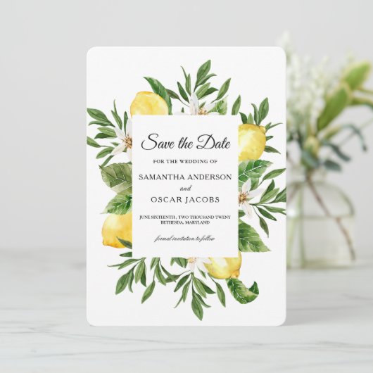 Aquarel Kader met Gele Citroenen en Blad Save The Date (Staand voorkant)