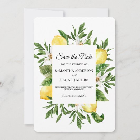 Aquarel Kader met Gele Citroenen en Blad Save The Date (Voorkant)