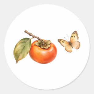 Aquarel Kaki Fruit en Vlinder Ronde Sticker