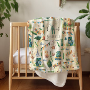 Aquarel Kamperen Geïllustreerd Patroon Monogram Sherpa Deken