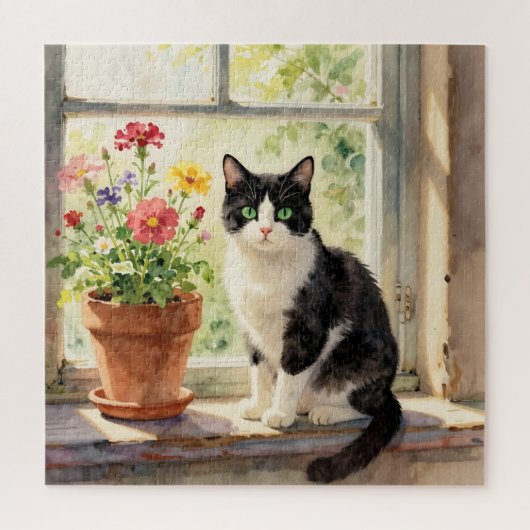 Aquarel Kat en Bloem Thema Legpuzzel (Verticaal)