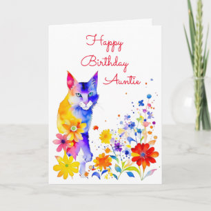 Aquarel Kat en Bloemen Gepersonaliseerde Verjaarda Kaart