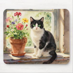 Aquarel Kat en Bloemen op Vensterbank Muismat