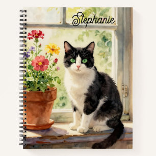 Aquarel Kat en Bloemen op Vensterbank Notitieboek