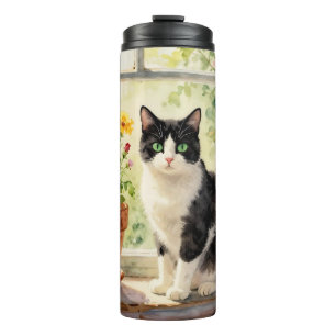 Aquarel Kat en Bloemen op Vensterbank Thermosbeker