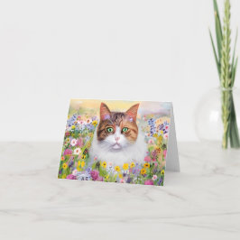 Aquarel kat en wilde bloemen aanpasbaar kaart