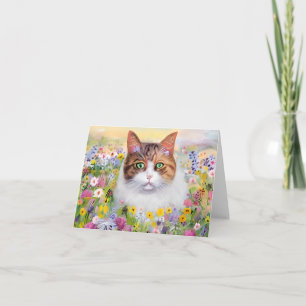 Aquarel kat en wilde bloemen aanpasbaar kaart