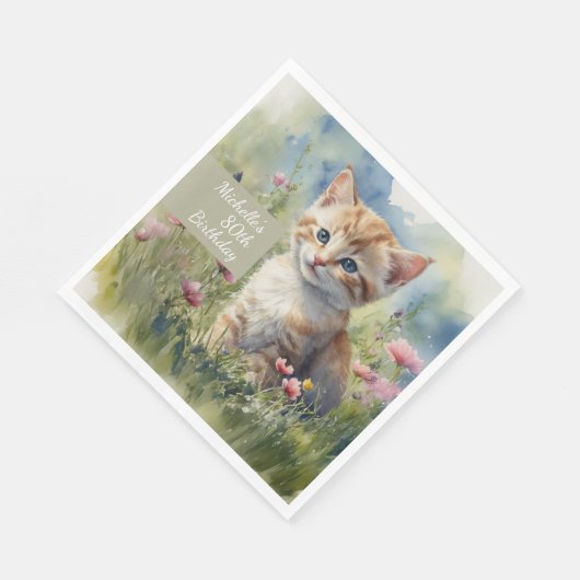 Aquarel Kat Weilanden Bloemen 80ste Verjaardag Servet (Hoek)