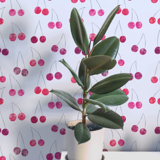 Aquarel Kersenpatroon Behang (Sweet watercolor cherry pattern art wallpaper In blue)