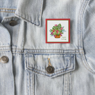 Aquarel Kerst botanische boeket Vierkante Button 5,1 Cm