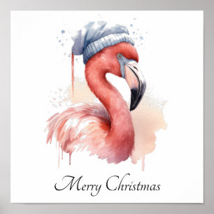 Aquarel Kerst Flamingo Kerstmannenhoed op Maat Poster