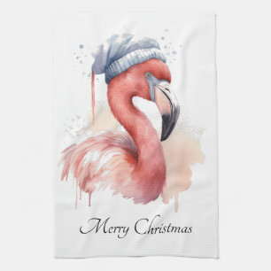 Aquarel Kerst Flamingo Kerstmannenhoed op Maat Theedoek