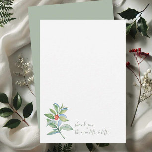 Aquarel Kerst Hulst & Bessen Dank je wel Notitiekaartje