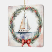 Aquarel Kerst Zeilboot in Krans Keramisch Ornament (Links)