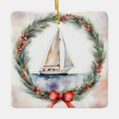 Aquarel Kerst Zeilboot in Krans Keramisch Ornament (Voorkant)