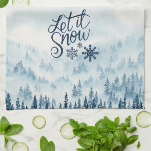 Aquarel kerstbomen laten het sneeuwen theedoek