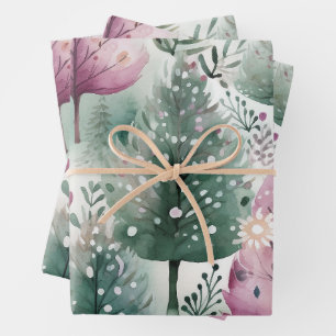 Aquarel kerstboom roze Paarse groen Inpakpapier Vel