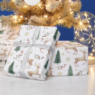 Aquarel Kerstbos, Rendieren, Bessen Cadeaupapier