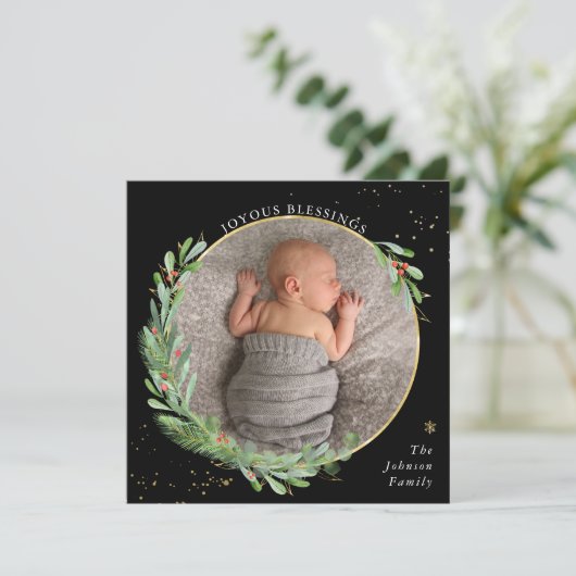 Aquarel Kerstgroen Gelukkige Zegeningen Feestdagenkaart (Staand voorkant)