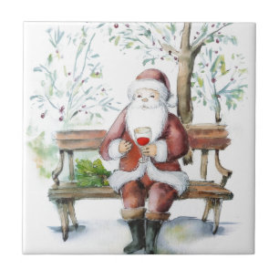 Aquarel kerstman met een tepel van sherry tegeltje