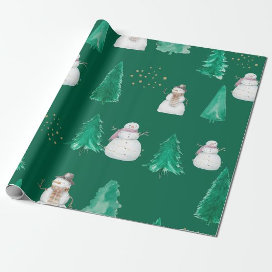 Aquarel Kerstspar bomen met sneeuwpoppen Cadeaupapier (Uitgerold)