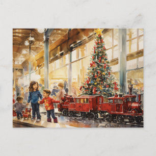 Aquarel Kersttrein Warenhuis herinnering Briefkaart
