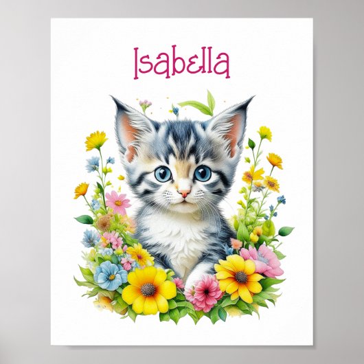 Aquarel Kitten Bloemen Gepersonaliseerd Poster (Voorkant)