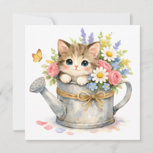 Aquarel Kitten in Gietert met Bloemen Kaart